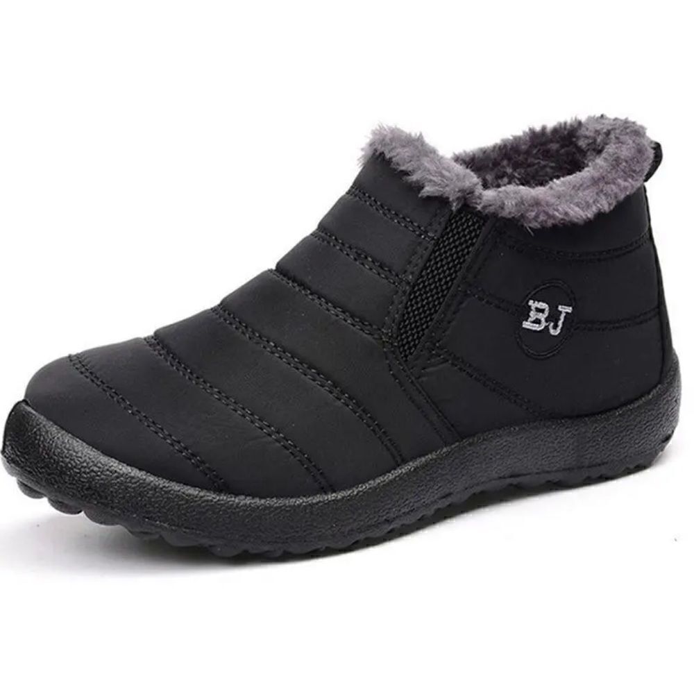 BJ Black Quilted Faux Fur Lined Soft Sole Flat Ankle Waterproof Slipper Shoes